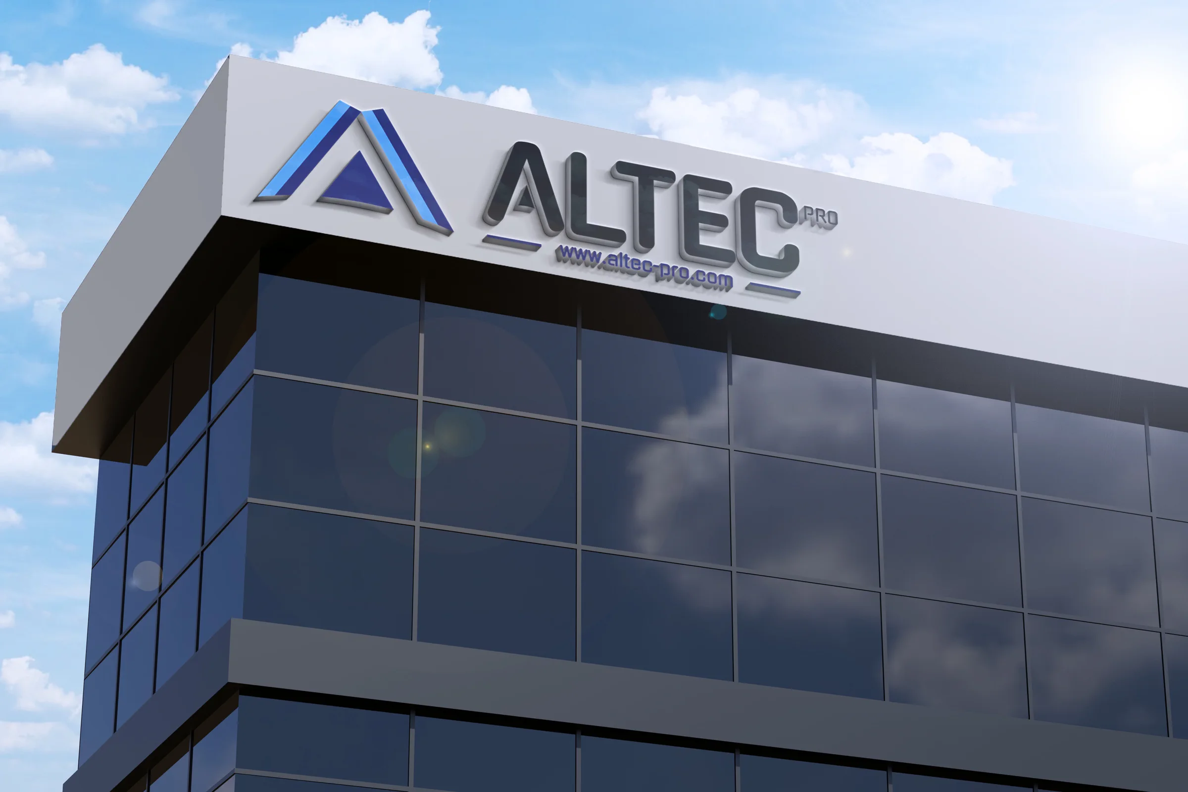 ALTEC Pro rooftop signage on a glass building
