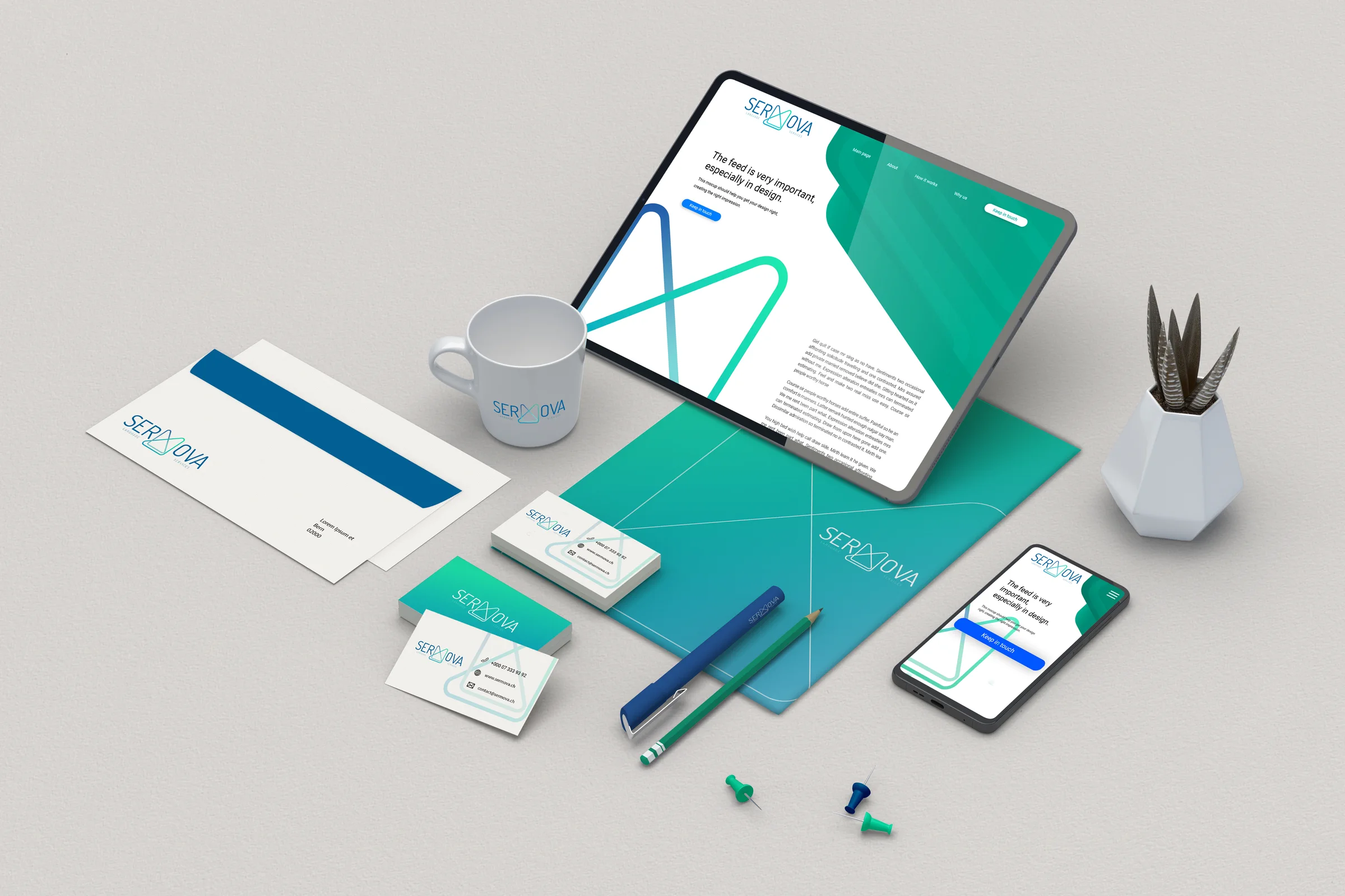 SERMOVA brand system across digital and printed applications
